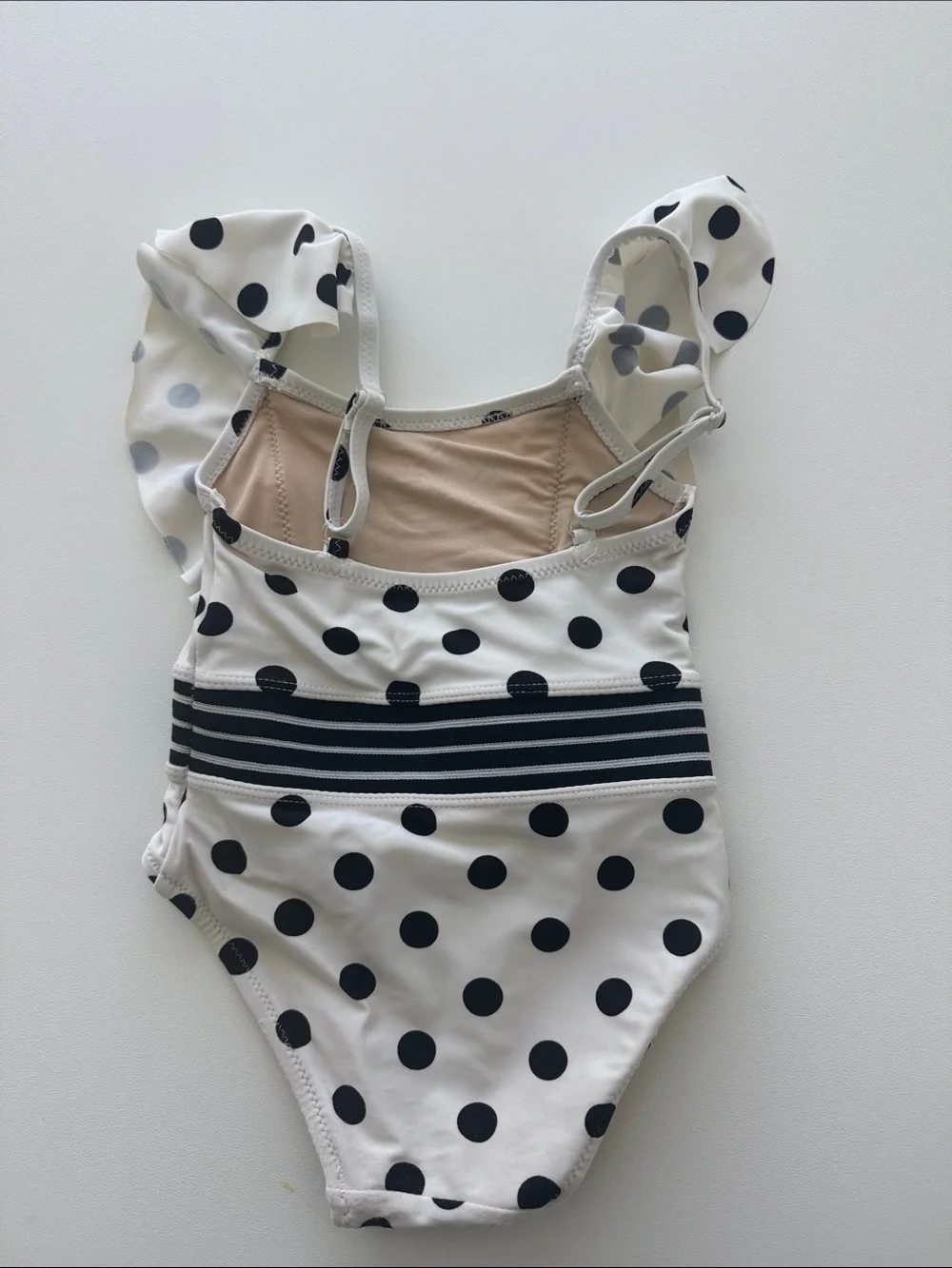 Toddler Black & White Polka Dot Ruffle One-Piece Swimsuit with Striped Waist